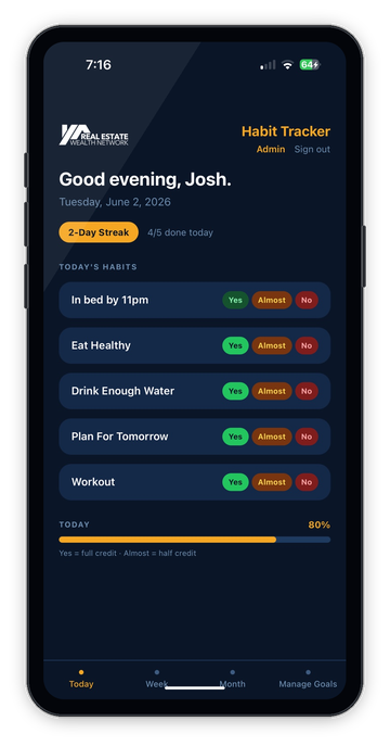 The REWN Habit Tracker app daily check-in screen on a phone